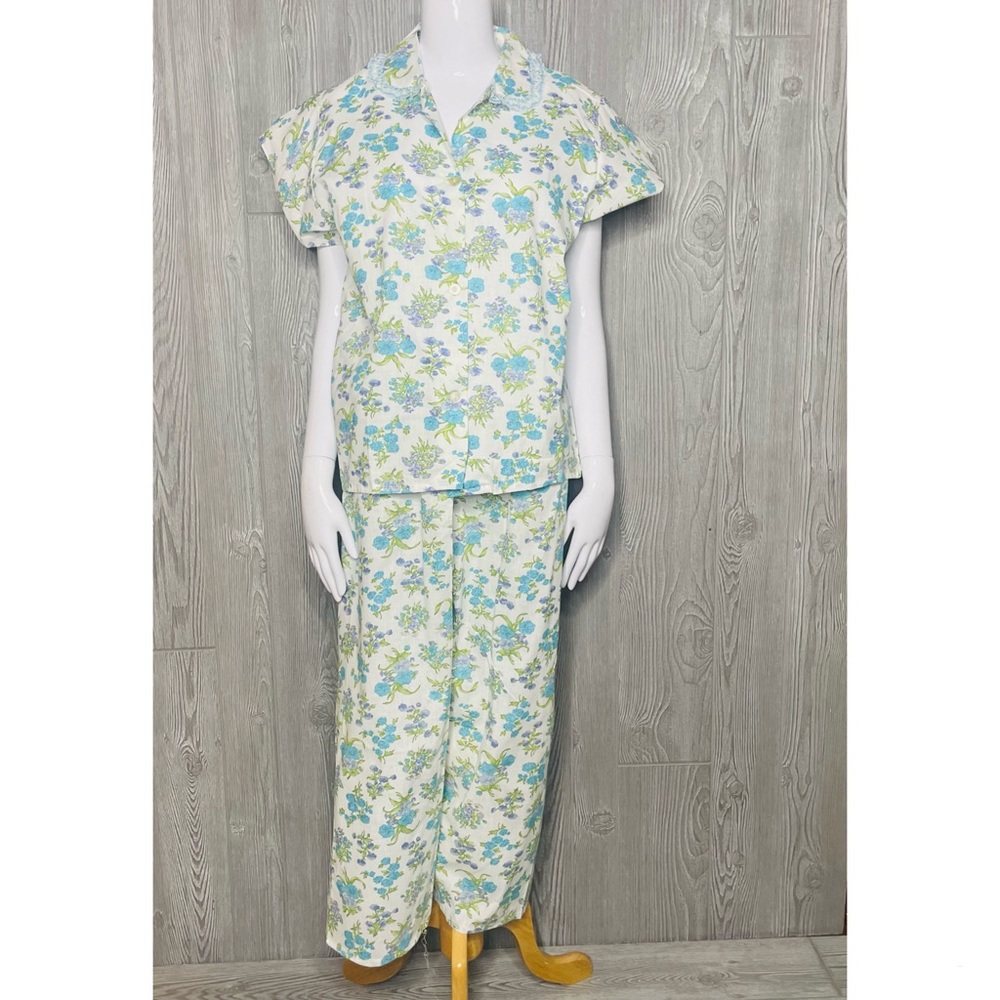 Vintage floral lace collar pajama sleepwear shirt and pants size 38 cotton 1960 - Picture 10 of 10